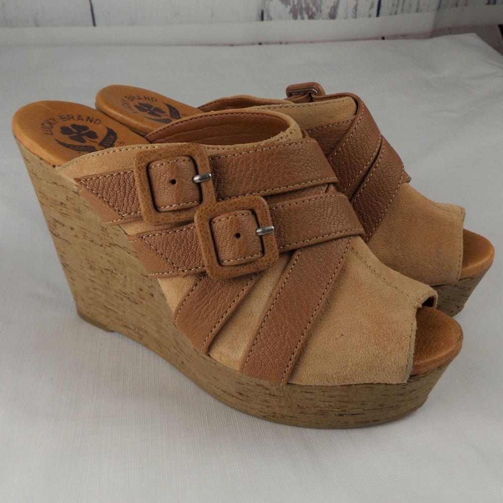 Lucky Brand Suede Peep Toe Platform Buckle Wedge